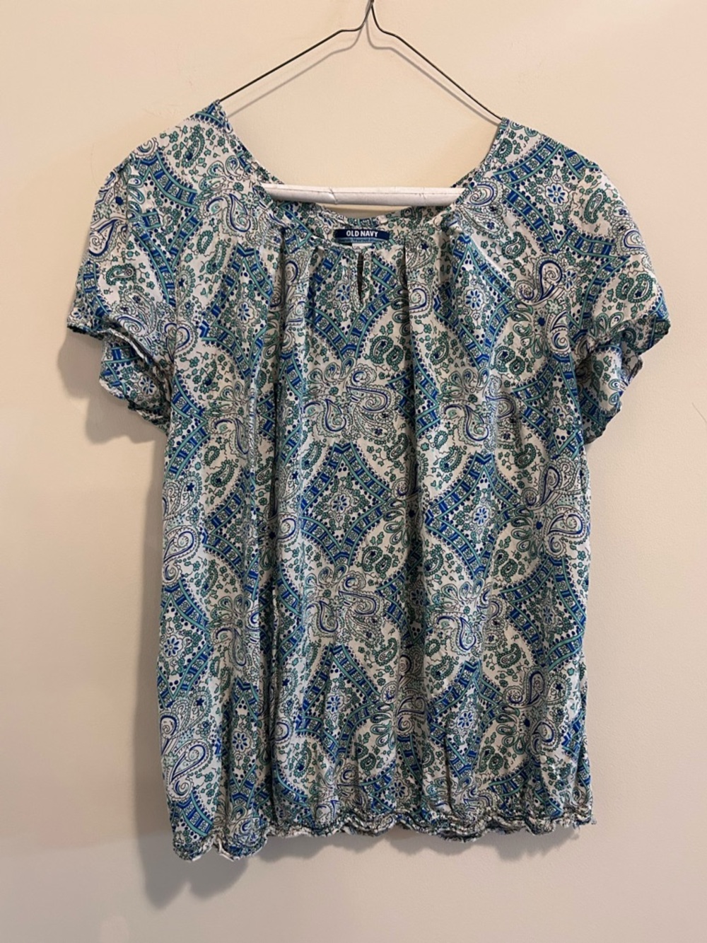 Old Navy Blue & Green Paisley Maternity‎ Short Sleeve Blouse